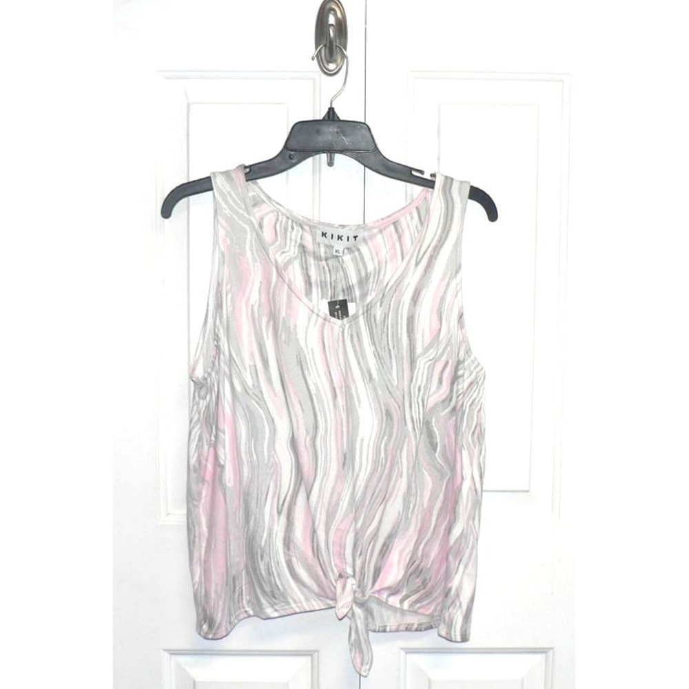 Kikit Women's Tie Front Sleeveless Pajama Tank Top in Pink Grey Marble XLarge‎